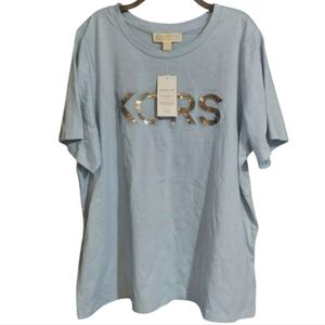 NWT Michael Kors XL Light Blue Logo Tee With Sliver Sequins Women's 1X T-shirt